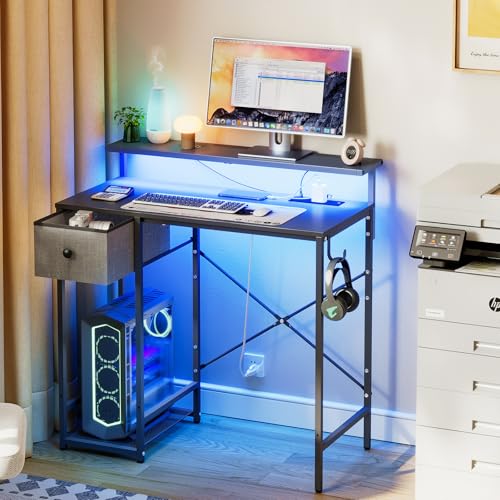 Image of X-cosrack 33.5 inch Small Gaming Desk with LED Lights & Long Monitor Stand, Compact Computer Desk with Power Outlets & CPU Stand, Gamer Table with Storage Drawer for Home Office, Bedroom Corner, Black