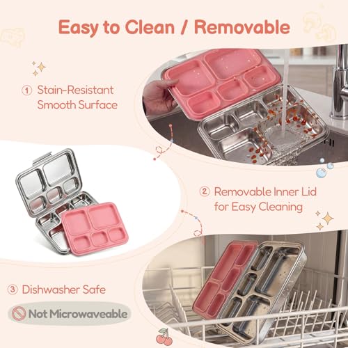 Stainless Steel Bento Lunch Box： 7+Older Kids，Teens and Adults, Leak-Proof, BPA-Free, 5 Compartments, Eco-Friendly, Durable Lunch Box for School, Office, Fitness, Travel, and Meal Prep–（Pink) — view 3
