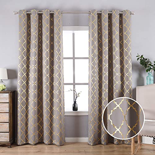 Anjee Grey Blackout Curtains 84 Inch Long 2 Panels Set Thermal Insulated Room Darkening Window Drapes For Living Room Bedroom With Gold Moroccan Foil Pattern Print, Grommet Top,52 X 84 Inches,Grey #TOP1