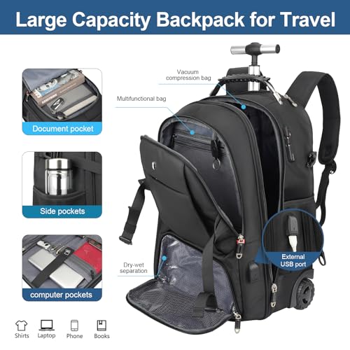 Travel Vacuum Backpack with Wheels for Men, Rolling Vacpack Backpack with Vacuum System 50L Laptop Backpack with Anti-Theft Back Pack Carry on Luggage, Business and Commuting Bags for Women (C)2