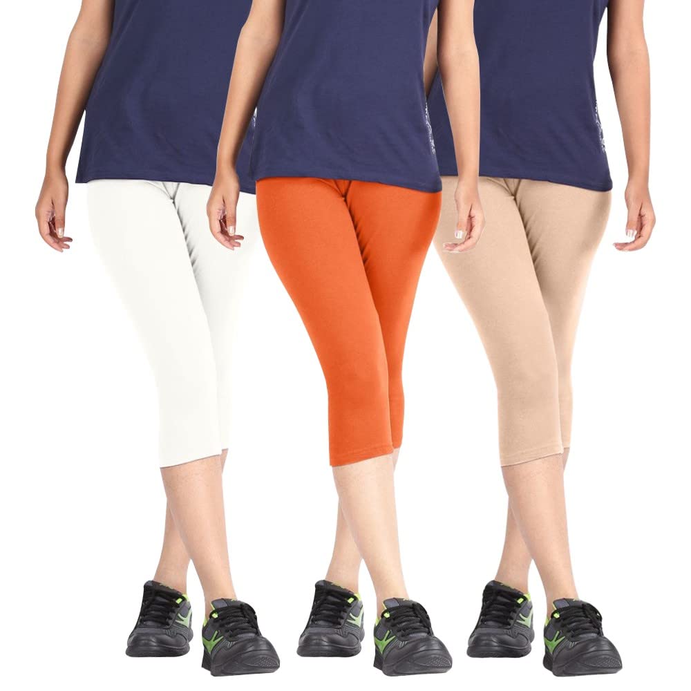 Biowashed Cotton Stretchable Capri Legging Combo Pack of 3 for Women/Girls/Ladies (White, Orange and Beige) - Free Size-picture-52