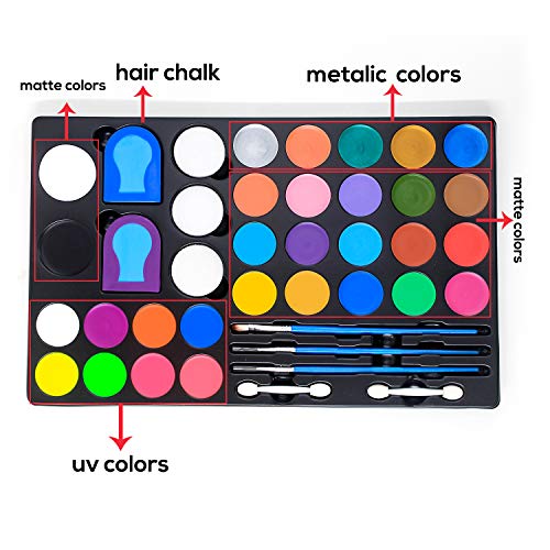 shiyeen Face Paint Kit for Kids - 30 Large Water Based Paints, 2 Hair dye Clips, 12 Stencil Stickers - Halloween Makeup Kit, Simple Face Paint Palette, Face Paints Safe for Sensitive Skin - Image 3