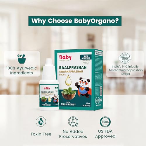 Image of BabyOrgano Swarnaprashan Drops for Kids, 0-15 Yrs, 15ml, Pack of 1 | Suvarnaprashan 24K Gold Drops, Swarna Bhasma, Brahmi, Shankhpushpi, Vacha & Tulsi Honey, Immunity, Brain & Growth Support