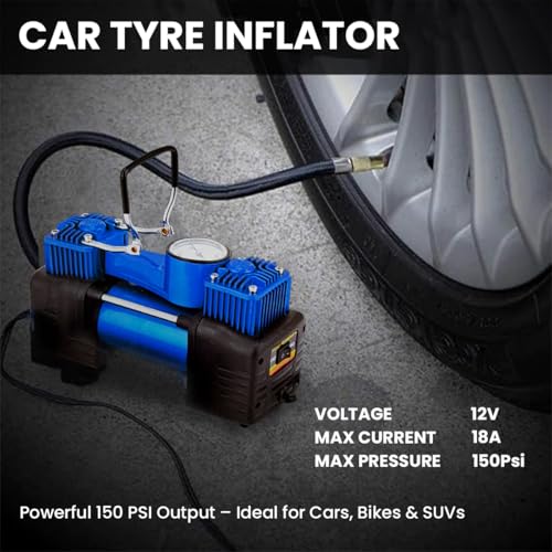 Image of MEGAAUDIO MATI06 Portable Tyre Inflator | 12V Digital Air Compressor Pump, 150 PSI | LED Light, Multiple Valve Adaptors - Car, Bike, Motorcycle, Sports Ball Inflatable