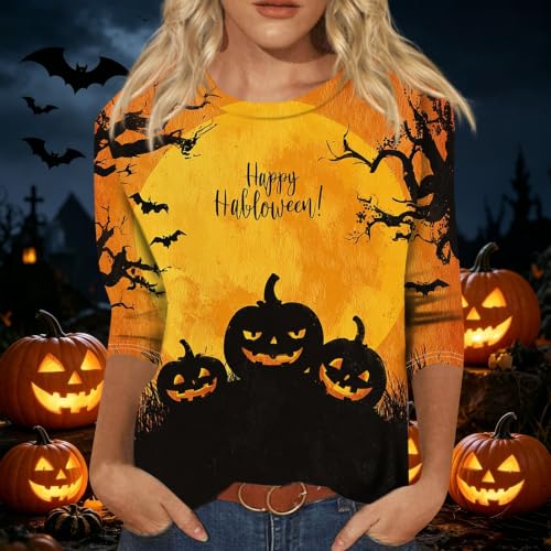 Image of Women Spooky Halloween Graphic Shirt 3 /4 Length Sleeve Crewneck Top | Halloween Funny Printed Pumpkin Plus Size Tshirts 2026 Fall Outfits Skeleton Tee Going Out Tops