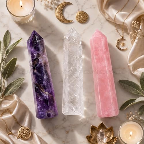 Image of REBUY Amethyst, Rose Quartz, Clear Quartz Crystals Pencils Wand Set for Reiki Healing and Grid Making Set Of 3