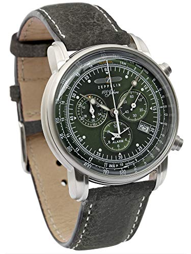 Zeppelin Leather Men Watch 100 Years Chronograph Alarm Light Sheet 8680, Green, Einheitsgröße, Strap. - Image 5