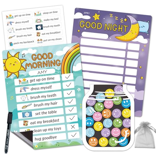 Magnetic Bedtime/Morning Routine Chart &Reward Jar for Kids -Toddler Morning Checklist Board,Daily Reward Routine Chart for Kids,Dry Erase Bedtime Reward Chart,Daily Schedule Chart at Home