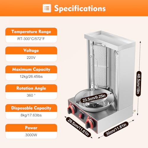 3000W Dönergrill Tischgrill 360° Rotisserie Gyrosgrill aus Edelstahl, Elektrogrill für Döner, Elektro Döner Kebab Maschine Hähnchengrill, BBQ Vertikalgrill Maschine – Bild 3