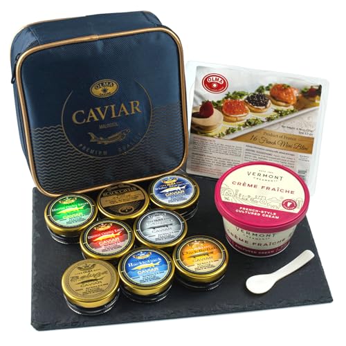 OLMA Caviar Taster Gift Set - 4 oz (112g) of Caviar, Includes 8 Varieties of Caviar Fish Roe (Beluga Hybrid, Osetra, Kaluga Royal, Hackleback, & more), Mini Blinis, Creme Fraiche & Serving Spoon