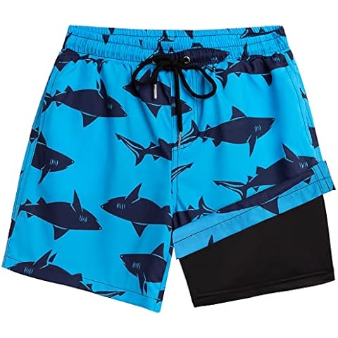 Boys Swim Trunks Bathing Suit Swim Shorts with Boxer Brief Liner Quick Dry Beach Swimsuit Compression Shorts 3-14 Years, Blue Shark, 11-12 Years Cover