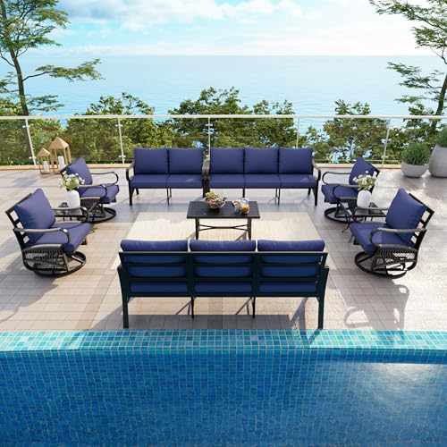 Image of 10 Pieces Patio Conversation Sets, All-Weather Metal Swivel Rocking Chairs with Rope Furniture Set, Outdoor Sofa Couch for Deck, Porch, Garden, Backyard, Poolside (Blue Cushions)