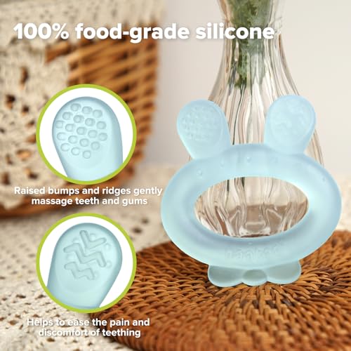 Image of Haakaa Silicone Baby Teether - Rabbit Ear Frozen Teething Toy for Babies 3-6 Months- Cold Teething Relief - BPA Free Silicone -Blue