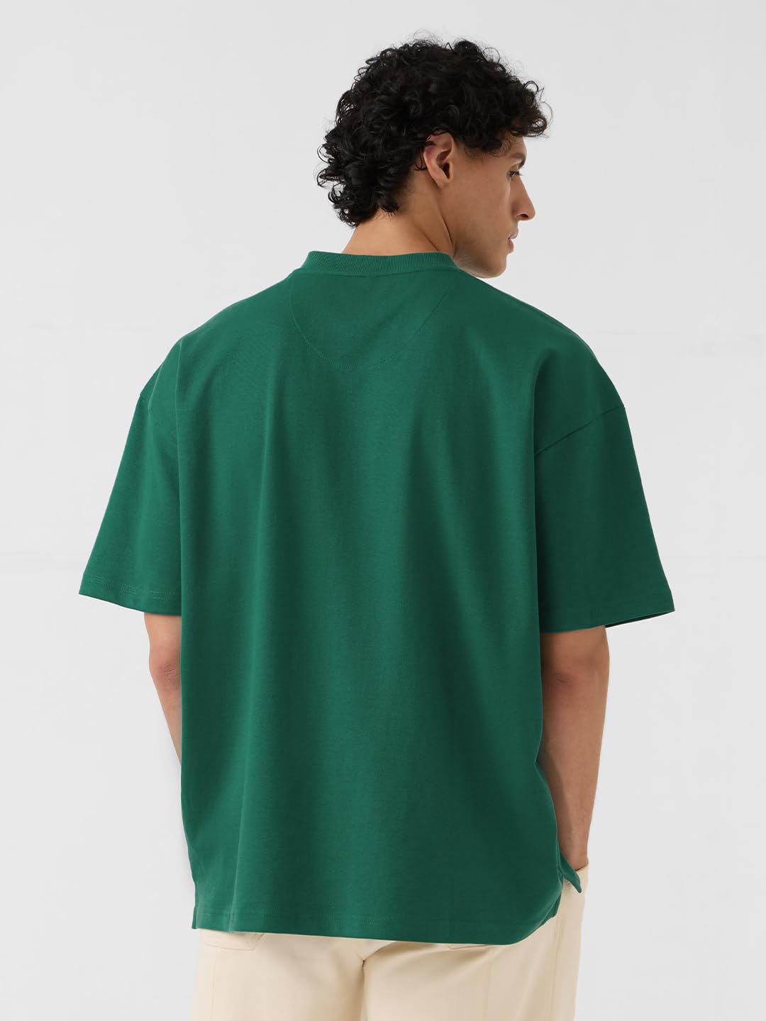 The Souled Store Originali: Varsity Uomini e Ragazzi Maniche Corte Scollo A V Smeraldo Solido Cotone Oversize T-shirt