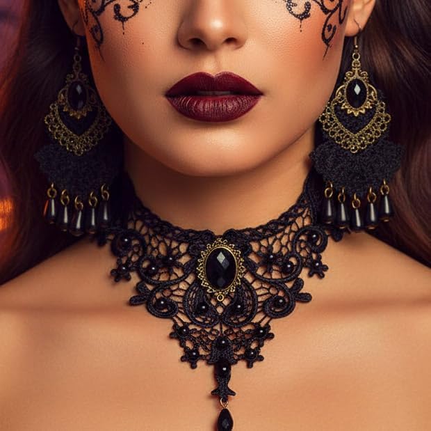 CLOACE Halloween Choker Necklace Set Flower Crystal Pendant Necklaces Earrings Gothic Jewelry Accessories for Women - Image 5