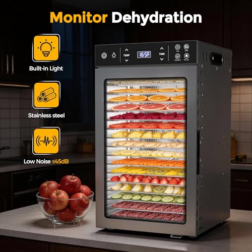 Image of Suteck 800W Food Dehydrator with 16 Trays for Jerky, Fruit, Veg, Meat | Stainless Steel, 4 Presets, Strong Dual Fans & 360 Airflow, 85F-195F, 48H Timer, Built-in Light, Quiet