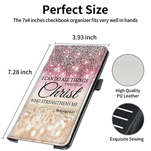 Image of FUYOCWE Checkbook Covers for Personal Checkbook,RFID Blocking Leather Check Book Covers Wallet with Pen Holder & Card Slot for Women Men, I can do all things through christ, 8 x 7.3 inches, Classic