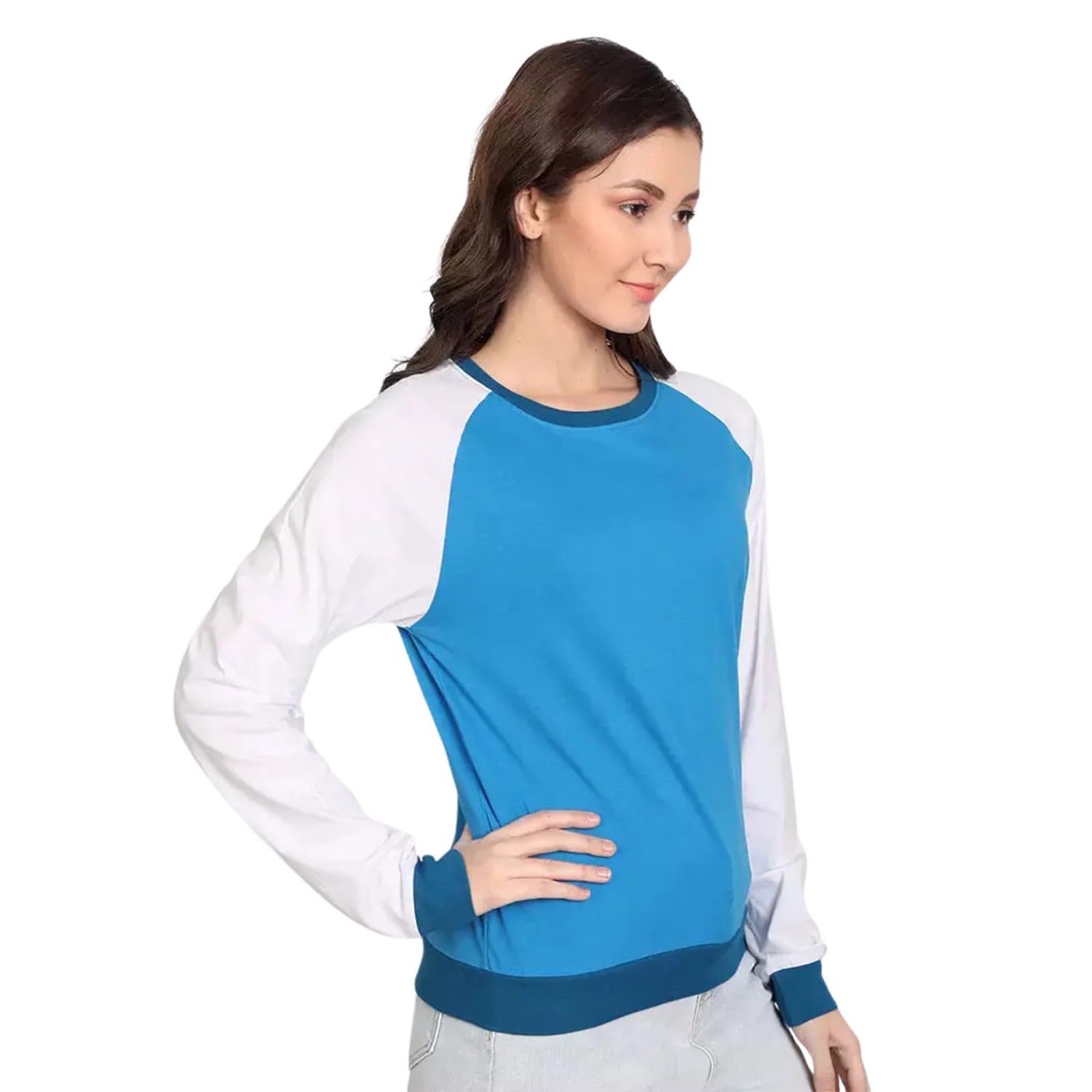Women Casual Blue Colourblock Full Sleeve T-Shirt | Soft Cotton Blend Fabric | Round Neck | Stylish Everyday Wear Top for Women-image-45