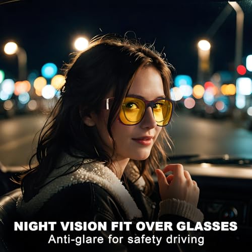 Trysee Women Oversized Night Vision Fit Over Glasses for Driving, Anti Glare Yellow Nighttime Glasses TS85112