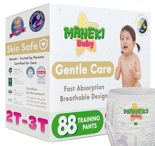 Image of Maneki Baby Hypoallergenic Potty Training Pants 2T-3T, 88 Count (16-31 lbs), Pull-On Diaper Pants & Training Underwear, Soft, Unscented & High Absorbency for Overnight & Daily Use (Pack May Vary)