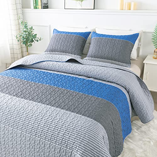 Image of Andency Stripe Quilt Set Queen(96x90Inch), 3 Pieces (1 Striped Quilt and 2 Pillowcases) Blue and Grey Patchwork Bedspread Coverlet Set, Soft Quilted Bedding Set
