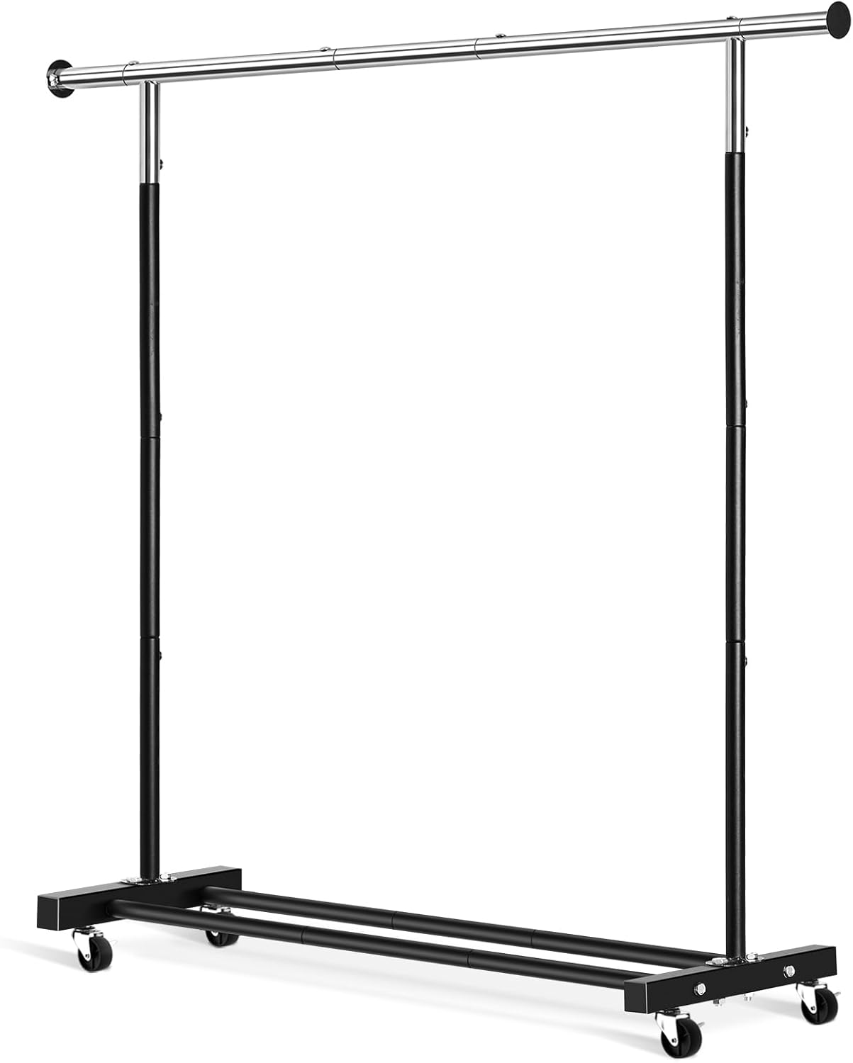 Clothing Rack, 55.51 Inch Heavy Duty Clothes Rack Rolling Garment Rack with Wheels and Bottom Shelf, 130LB Capacity Clothes Racks for Hanging Clothes, Coats, Shirts, Sweaters, Skirts, Black Black Single