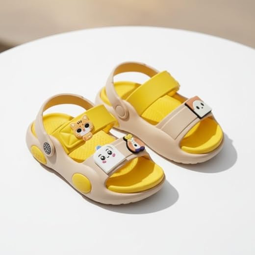 Kids CLOGS Sandals with Cartoon Characters, Yellow and Beige, Adjustable Strap, Cute Animal Design