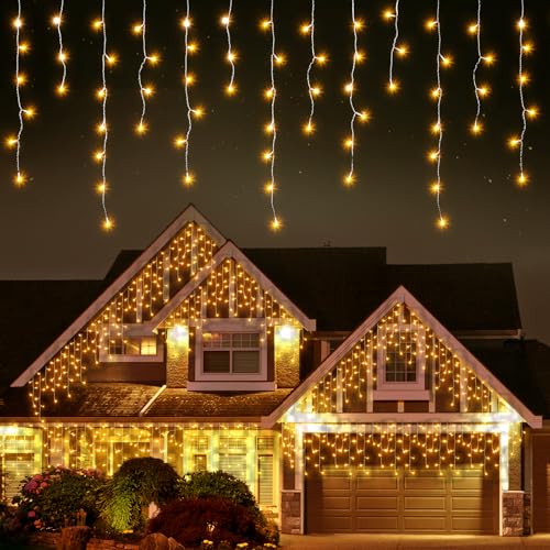 Quntis Cortina de Luces 400LED 10M, Luces Navidad con Enchufe, Temporizador, 8 Modos Impermeable Cascada Luces para Exterior Interior Jardín Balcon Fiesta, Blanco Cálido