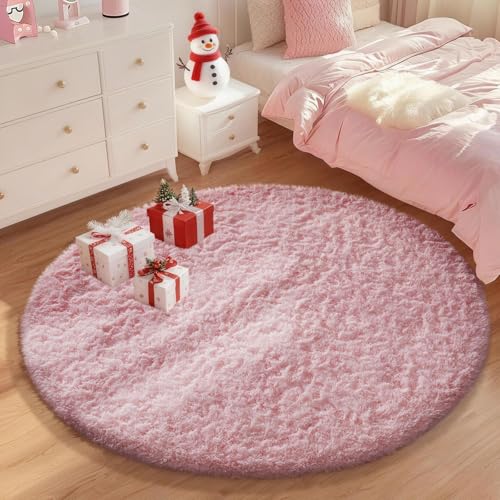 image for Ophanie Round Rugs 5Ft Pink Circle Area Rug, Fluffy Fuzzy Bedroom Carp