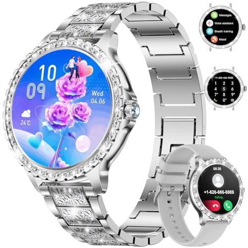 Ethelred Smart Watch for Women(Answer/Make Calls),1.3" HD Diamonds Luxury Smartwatch for Android iPhone Phones,Fitness Trackers with 20+ Sport Modes/Heart Rate/IP68 Waterproof (Silver)
