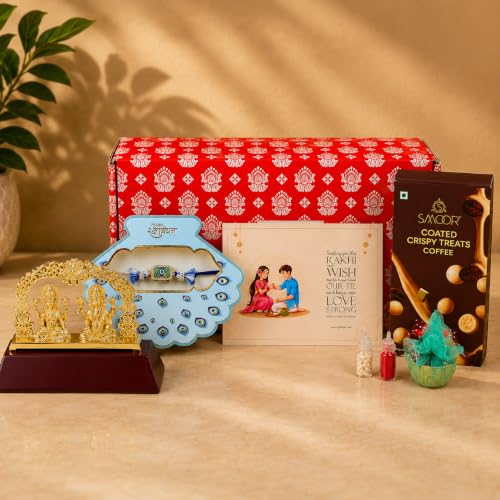 Image of Giftana Raksha Bandhan Gift Set for Brother Evil Eye Rakhi, Ganesh Ji and Laxmi Ji Idol, Rakhi Greeting Card Set, Raksha Bandhan Gift Combo for Bhai & Bhaiya