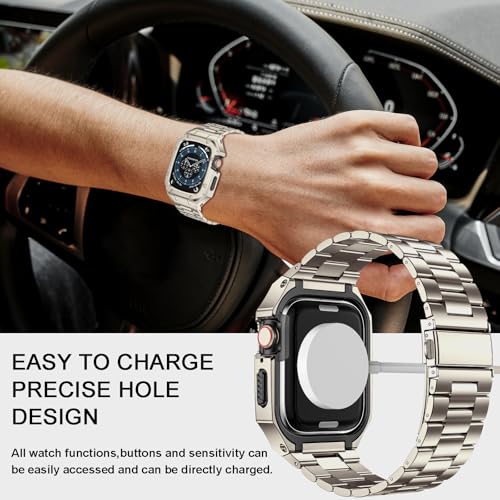 Image of BAITEYOU Stainless Steel Band with Case Compatible with Apple Watch Series SE 3 2 1 /6 5 4 (40mm) Series 9 8 7 3 2 1 (41mm 38mm), Metal Protective Bumper Cover for iWatch Bands Men (Titanium Color)