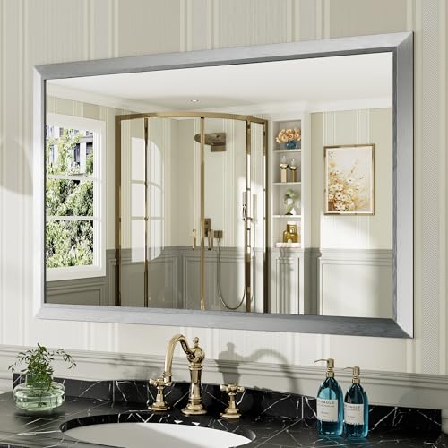 Image of 48x32 Inch Brushed Silver Bathroom Mirror for Wall, Thick Metal Framed Rectangle Mirrors for Over Sink, Bedroom, Living Room, Entryway, Anti-Rust, HD Tempered Glass