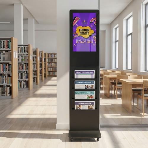 Image of shopPOPdisplays Freestanding Digital Signage with 4 Brochure Holders, 8.5″x11″ Media Slots, Full HD 1080p LCD, USB /HDMI, Portrait Indoor Advertising Display