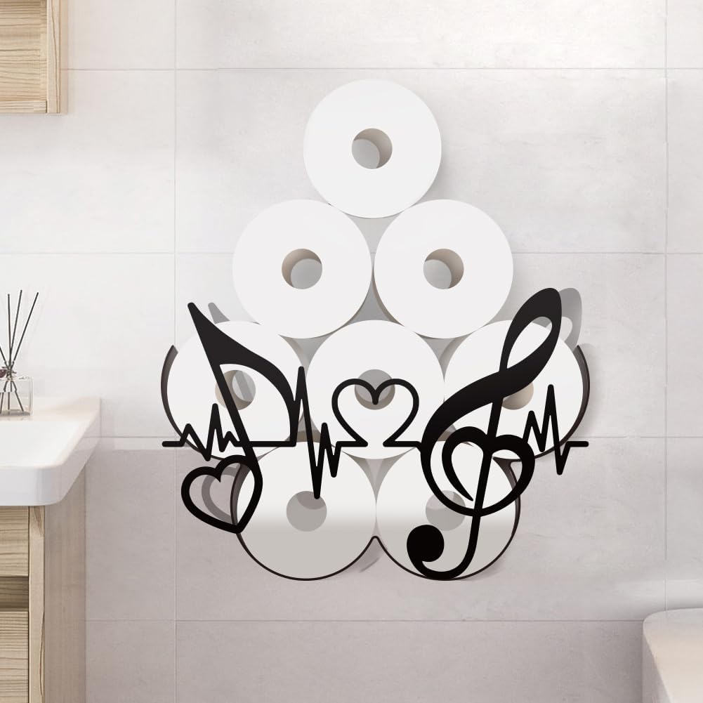 WADORN Funny Heartbeat Notes Metal Toilet Paper Holder for Extra 8 Rolls, Black Toilet Tissue Storage Decorative Toilets Paper Rolls Organizer Wall Mounted for Bathrooms Home Housewarming Gifts