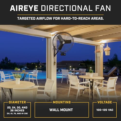 Image of Big Ass Fans AirEye 24 inch Wall Mount Fan - 120V Industrial Wall Fan, Variable Speed EC Motor, IPX5 Rated, Commercial & Outdoor Cooling, Midnight Black