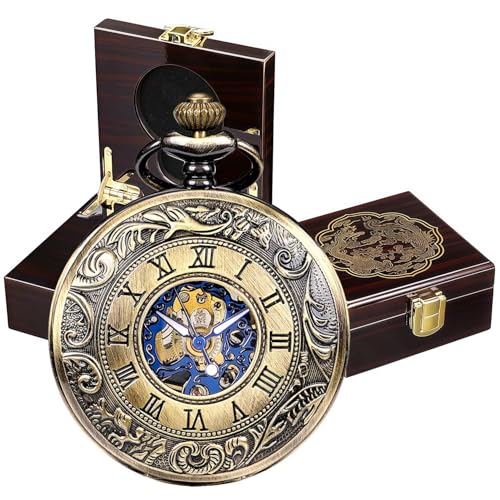Image of ManChDa Mechanical Roman Numerals Dial Skeleton Pocket Watches with Luxury Wooden Box and Chains for Mens Women