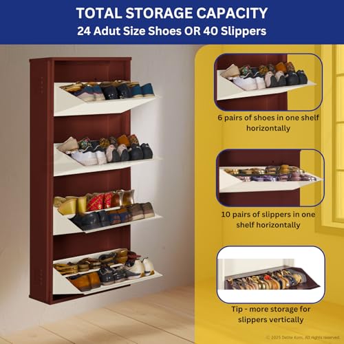 Image of DELITE KOM 24 inch Wide, 8 Shelf Metal Shoe Rack Wall Mounted for Home with Central Lock | Holds Upto 24 Shoes or 40 Slippers Pair | Double Decker, 1 Yr Warranty, (54x24x8, Coffee Ivory),DIY Space Saver