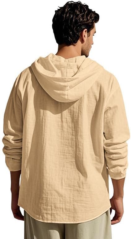 Men's Cotton-Linen Shirt - Long Sleeve Button-Up Hooded Shirt with Pockets Casual W... - Image 2