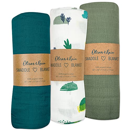 Image of Oliver & Rain Organic Muslin Baby Boy Swaddle Blankets 3 Pack Receiving Blanket, Eco Print, Coral Blue, Olive