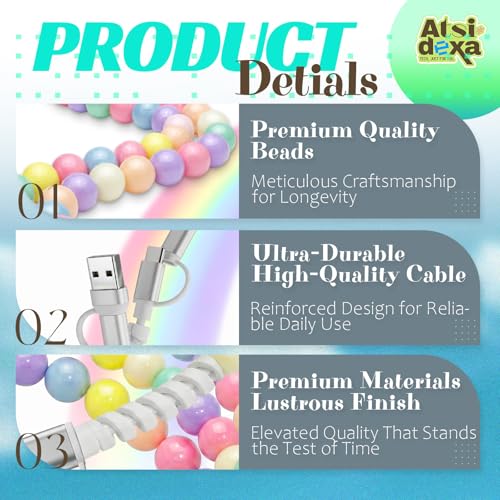 Image of 4-in-1 Beaded Charging Cable, MFi Certified, Works with CarPlay, 3.3FT 60W Fast Charger Cord for iPhone 17 /16 /15 /14 /13 /12 /11, iPad, Samsung, Android and More (Pastel Pop)