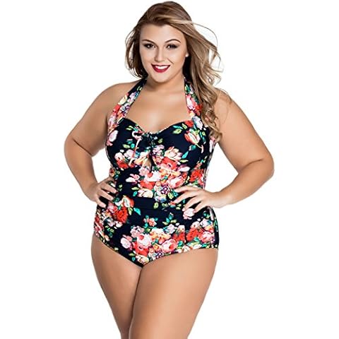 shelovesclothing Women's Plus Size Black Floral Non-Underwire Halter Neck Swimsuit Swimming Costume Beachwear (XX-Large 22-24 UK, Black/Floral) Cover