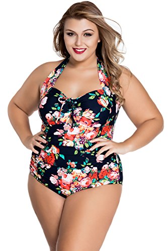 Chase Secret Womens Halter One Piece Swimsuits Floral Ruched Swimwear Monokinis Bathing Suits Plus Size XXX-Large Blue Flower