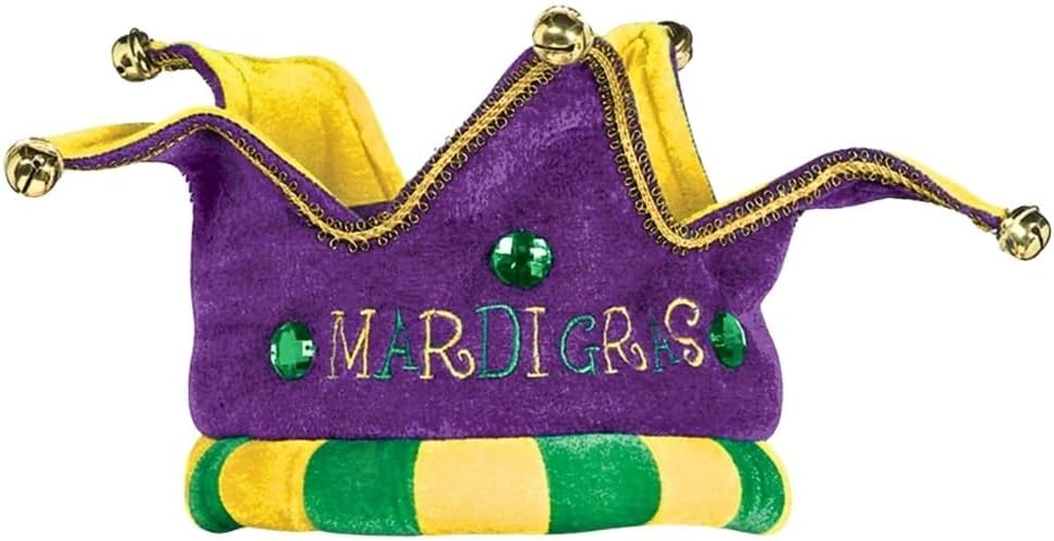 Plush Jester Crown Hat with Bells Mardi Gras Costume Party Headwear, Fabric, 5" x 11"