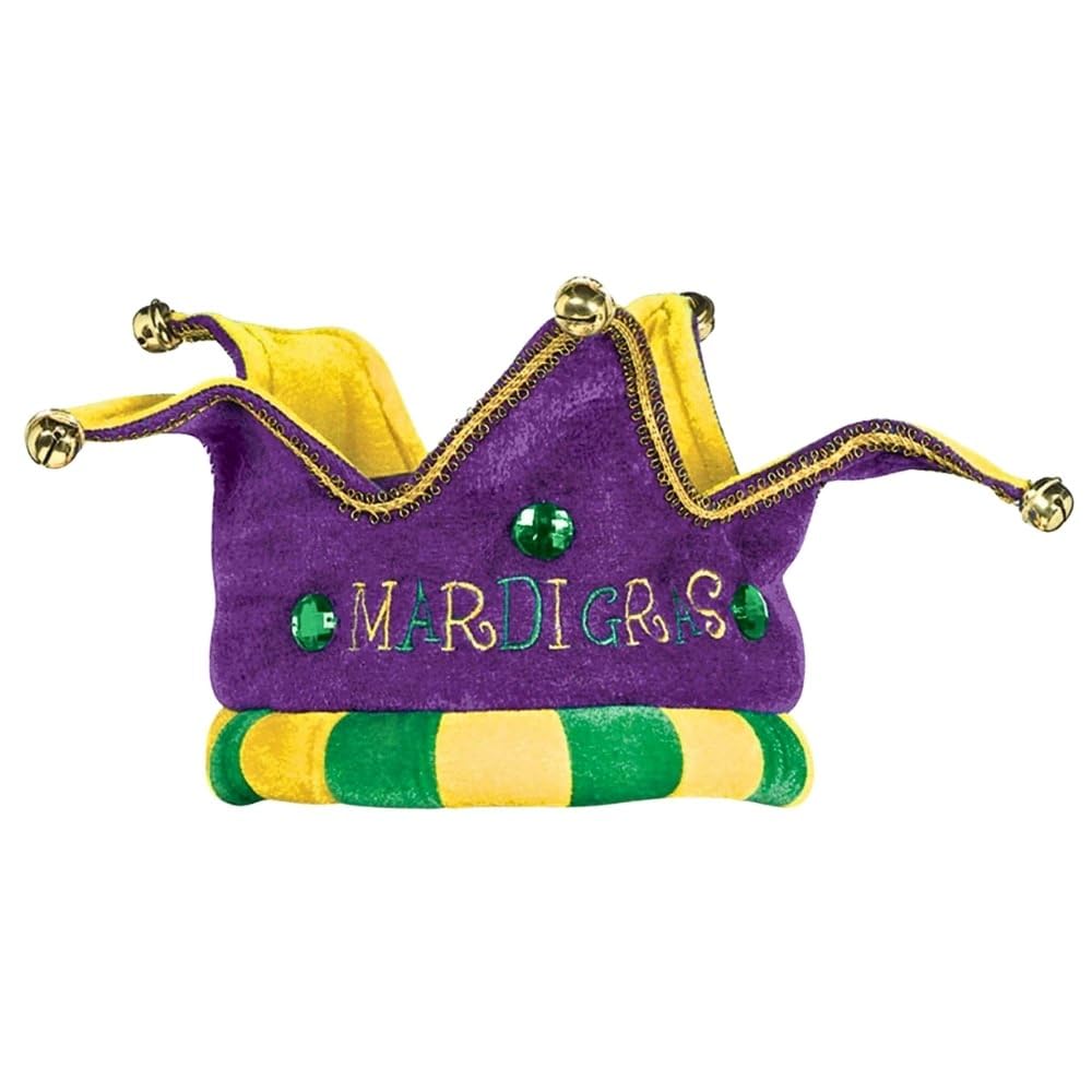 Plush Jester Crown Hat with Bells Mardi Gras Costume Party Headwear, Fabric, 5" x 11"