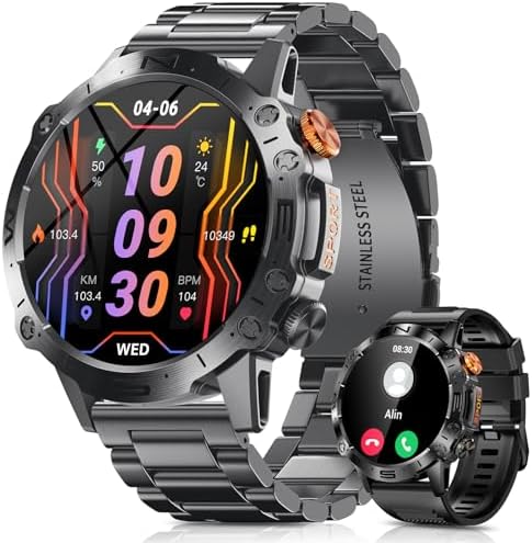 PODOEIL Military Smart Watch for Men with Bluetooth Call, 1.43″ AMOLED Screen Fitness Tracker with Health/Sleep Monitor, 100+ Sports Modes Waterproof Tactical Smartwatch for Android iPhone Samsung