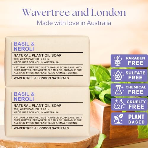 Image of Wavertree & London Basil & Neroli Scented Natural Soap Bars (2 Bars), 7oz Moisturizing French Triple Milled Soap enriched with shea butter - Plant Oil Bath & Body Soap Bars [100% Naturally derived]
