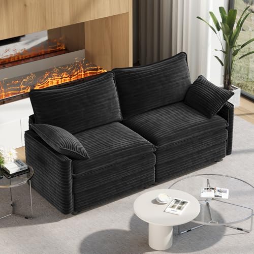 Image of Vesgantti 74 inch Loveseat Sofa for Living Room, Comfy Cloud Couch Deep Seat Corduroy Modern 2 Seater Small Sofa with Armrest Pillow, Easy Assembly for Small Spaces, Black
