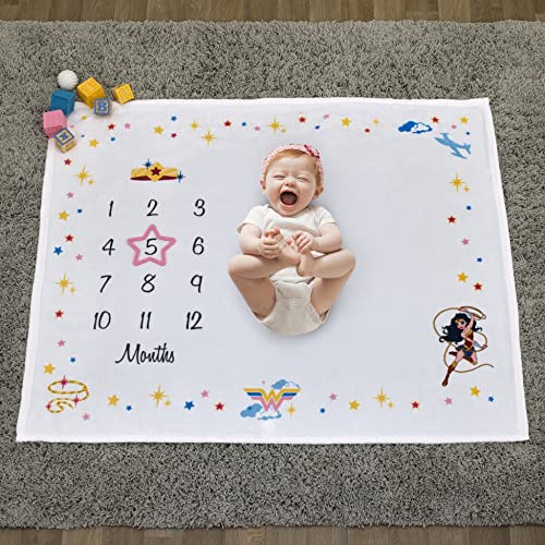 Image of NoJo Wonder Woman White and Gold Star-Tiara, Lasso of Truth, and The Invisible Jet Milestone Baby Blanket