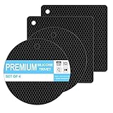Coomin Silicone Trivets for Hot Dishes - 4 Heat Resistant Mats for Countertops, Multipurpose Non-Slip Hot Pads for Kitchen Potholders, Jar Opener, Spoon Holde, Food Grade Silicone（Black）